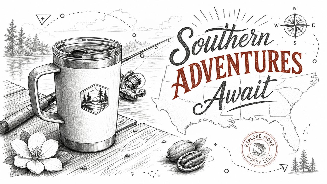 A pencil sketch of a coffee mug, fishing gear, and map of the American South on a dock.