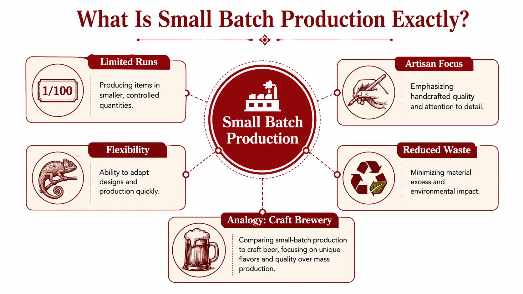 An infographic titled What Is Small Batch Production Exactly with five key benefits including limited runs and flexibility.
