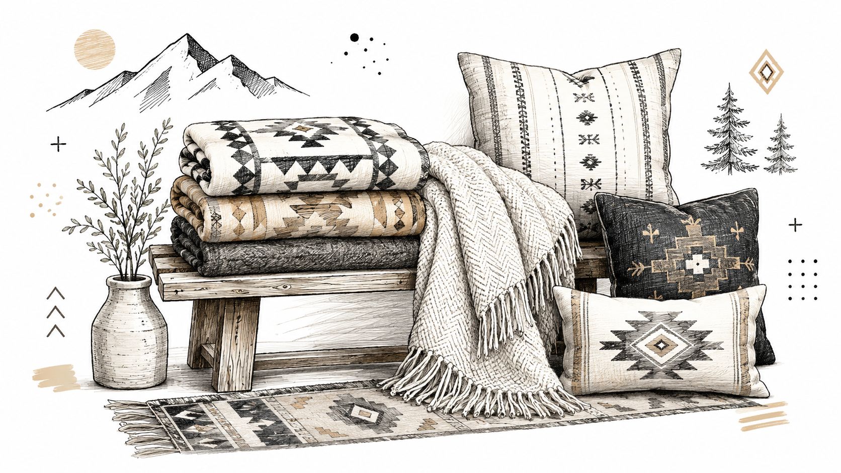 A hand-drawn illustration of rustic cabin decor featuring patterned blankets, cozy pillows, and a wooden bench.