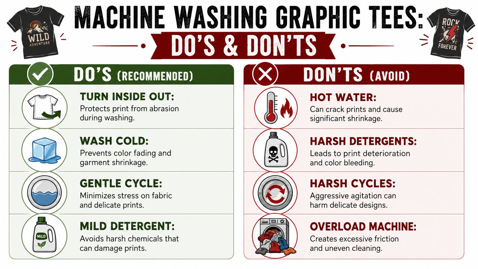An infographic showing recommended do's and don'ts for machine washing graphic t-shirts to preserve prints.