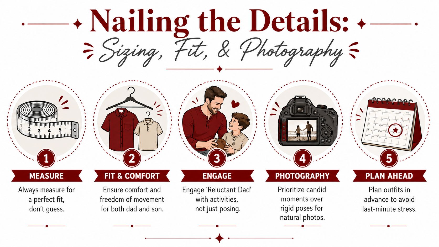 An infographic titled Nailing the Details with five numbered tips for preparing father and son photoshoots.