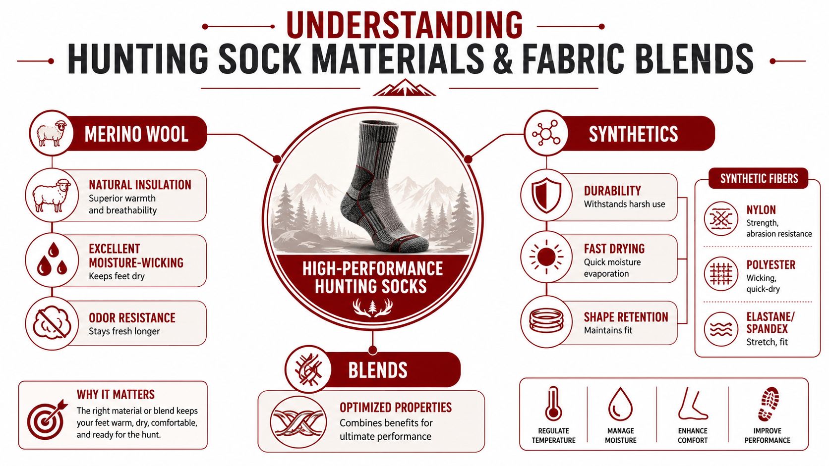 An infographic detailing the benefits of various hunting sock materials, including merino wool and synthetic fiber blends.
