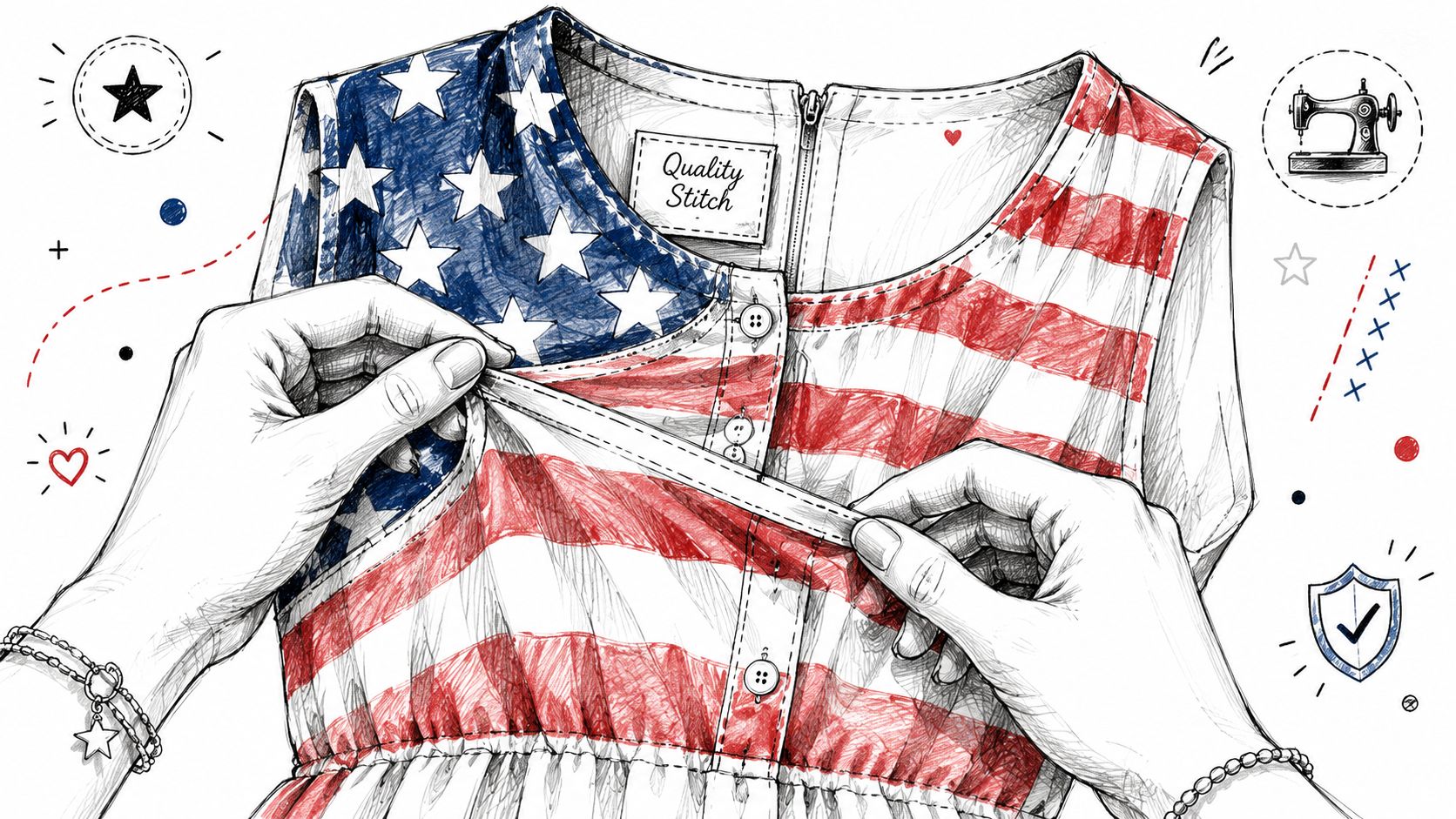 Hands holding a dress featuring an American flag pattern with a Quality Stitch label on the collar.