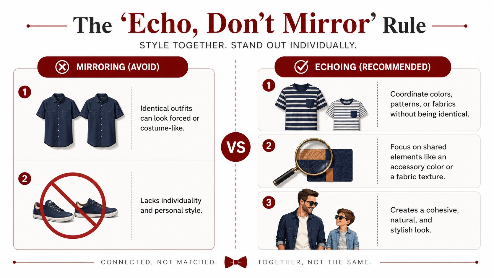 A fashion infographic explaining the difference between mirroring and echoing styles when dressing dad and son.