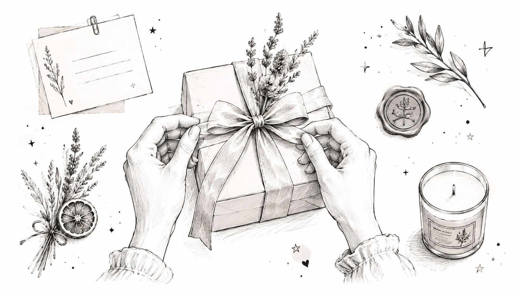 A hand-drawn sketch of hands wrapping a gift, surrounded by dried flowers, a candle, and stationery.
