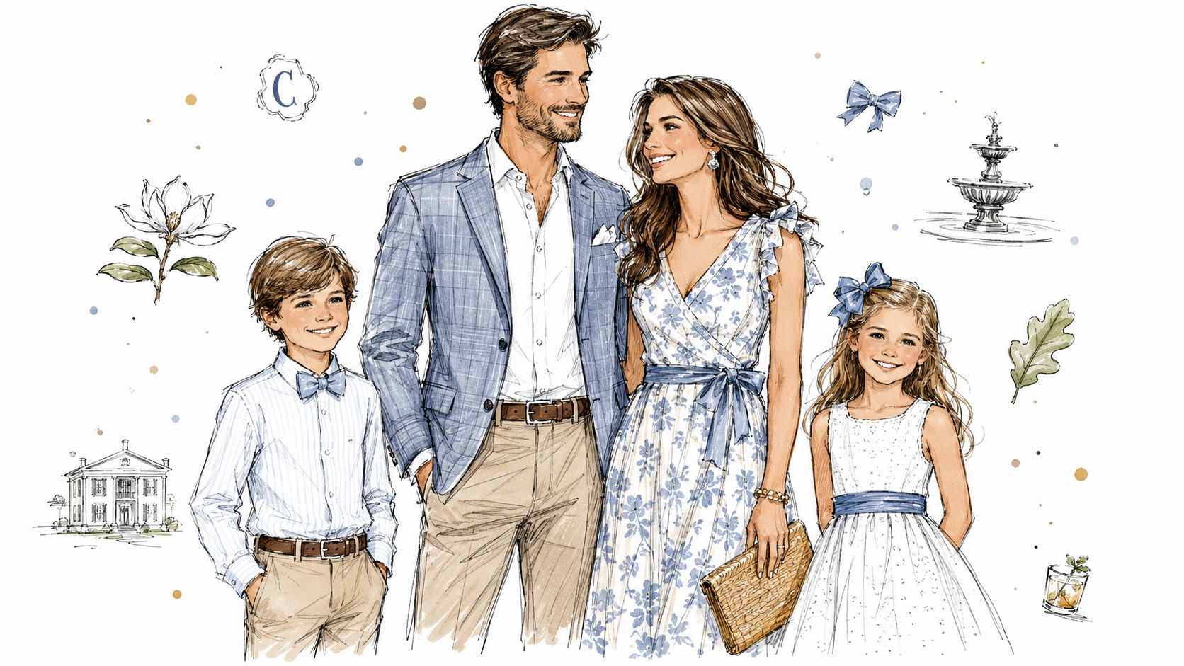 An elegant family illustration featuring a man, woman, son, and daughter in sophisticated Southern style clothing.