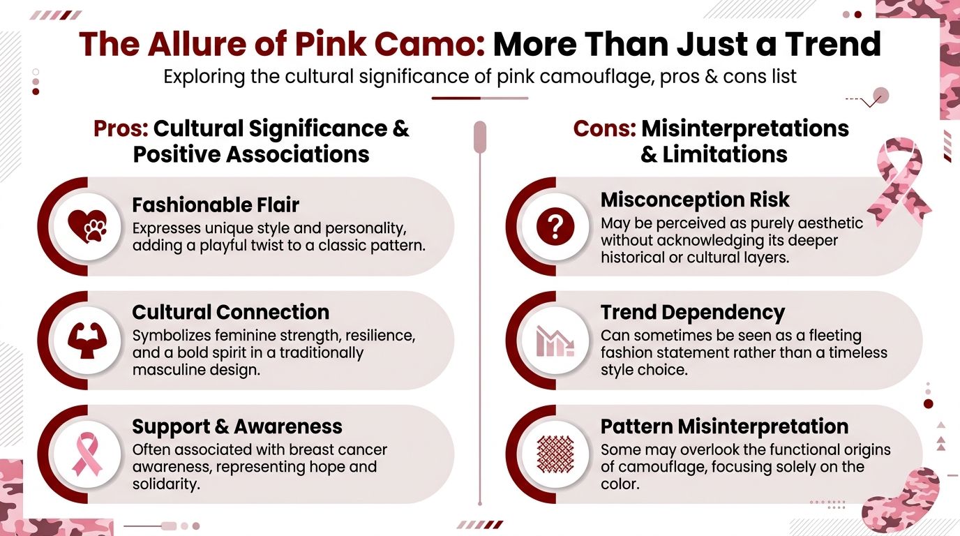 An infographic titled The Allure of Pink Camo detailing the pros and cons of pink camouflage fashion.