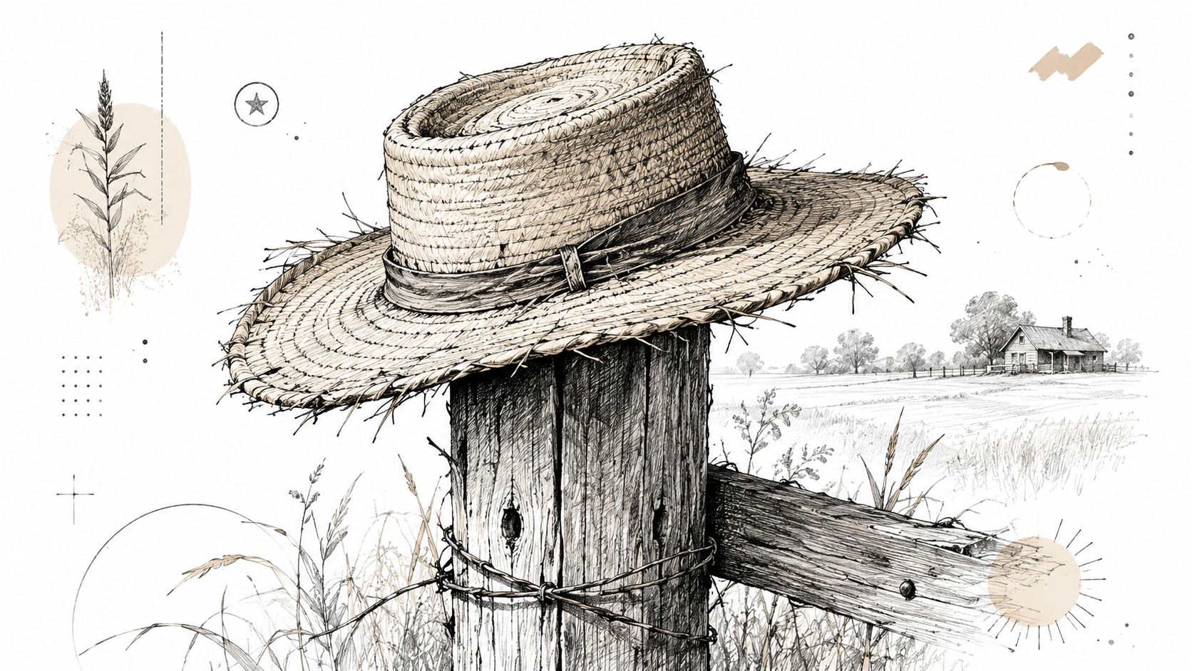 A rustic straw hat sitting atop a weathered wooden fence post in a rural farm landscape scene.
