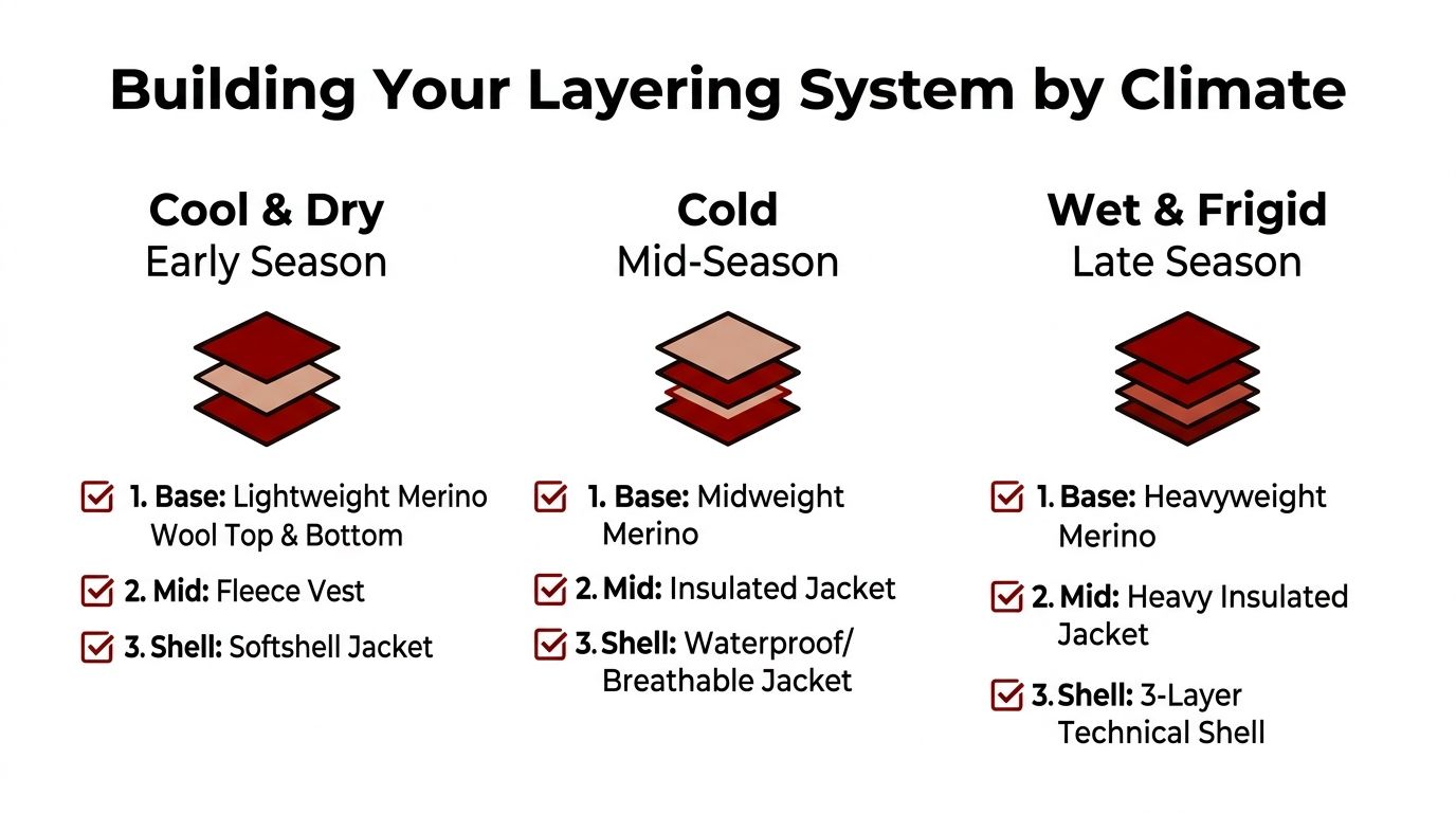 A chart showing how to build a hunting layering system for different climates and seasons.