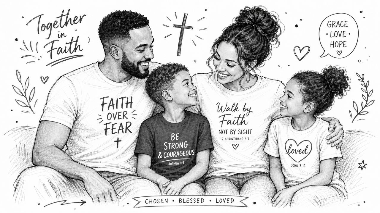 A happy Black family wearing faith-themed t-shirts, illustrated in a charming, detailed pencil sketch style.
