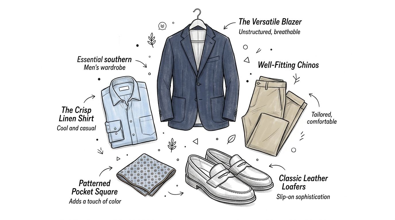An illustrated guide for a southern men's style outfit featuring a blazer, linen shirt, chinos, and loafers.