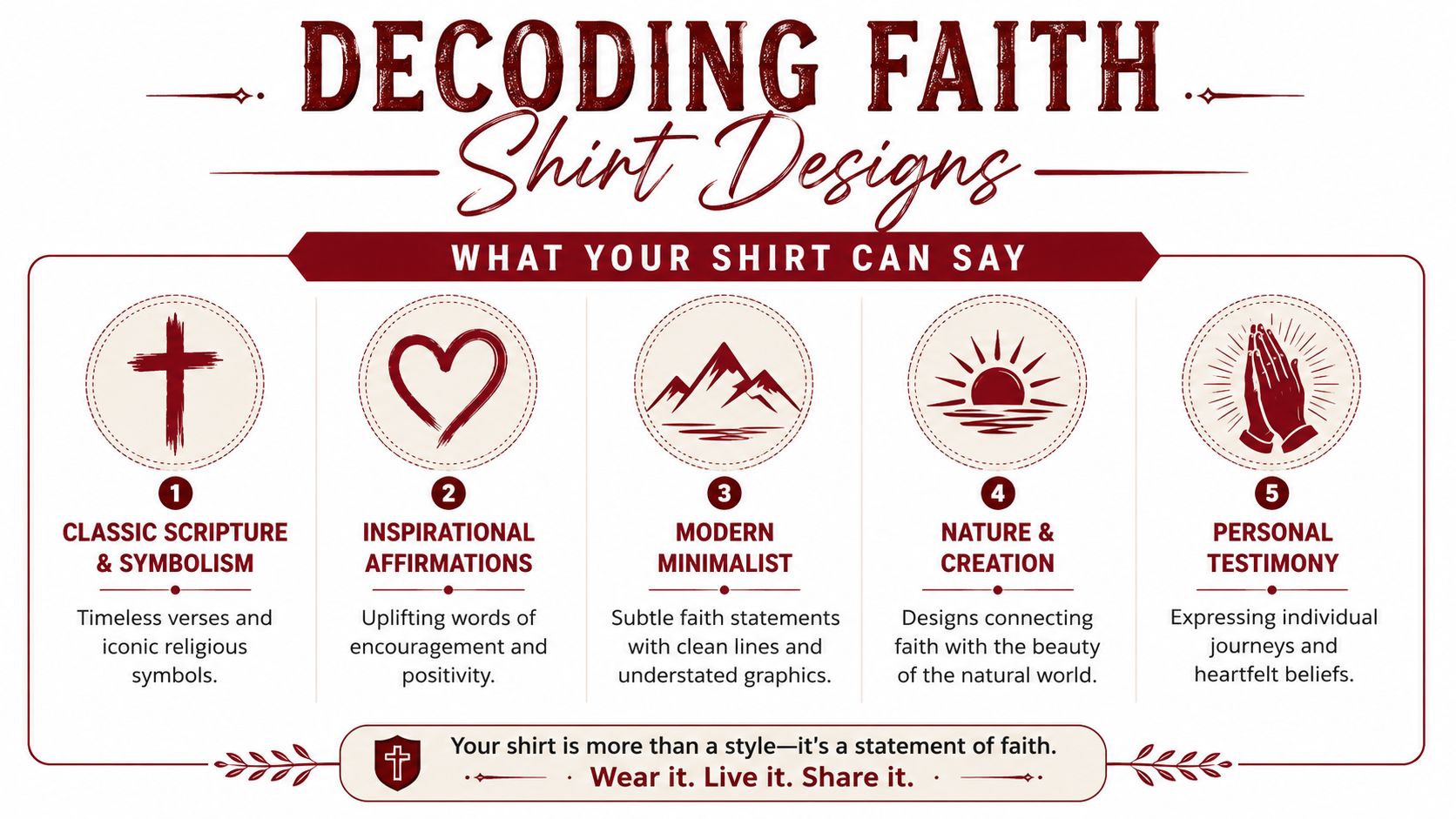 A graphic titled Decoding Faith Shirt Designs explaining five common themes for religious apparel and clothing styles.