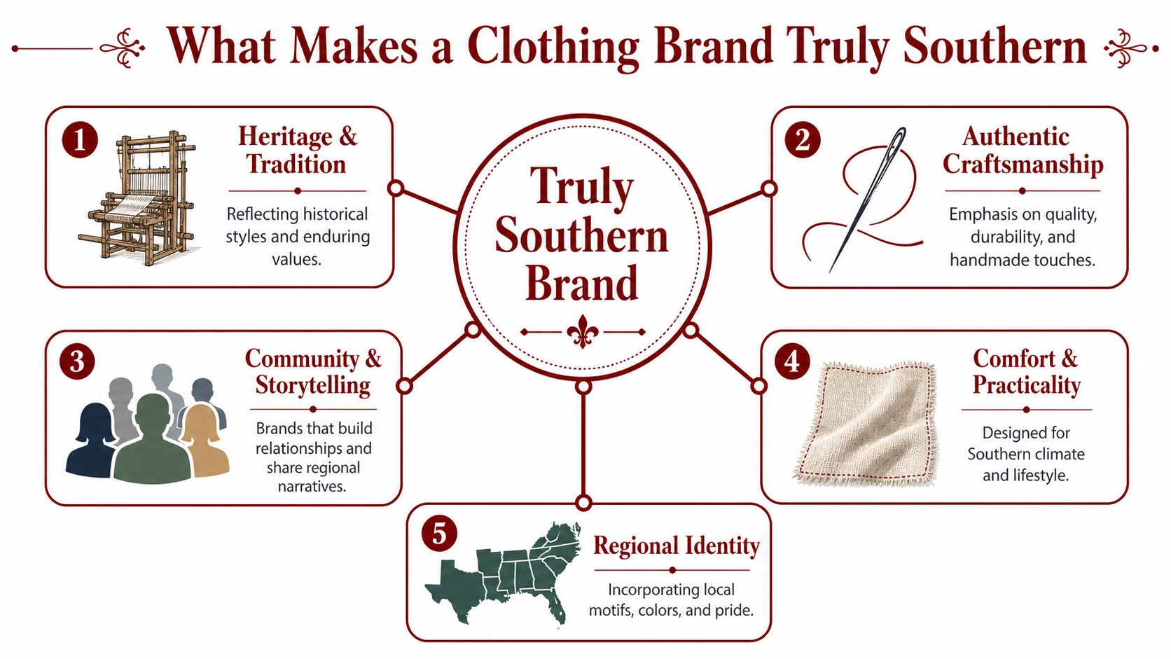 A diagram outlining the five key pillars that define a truly Southern clothing brand.
