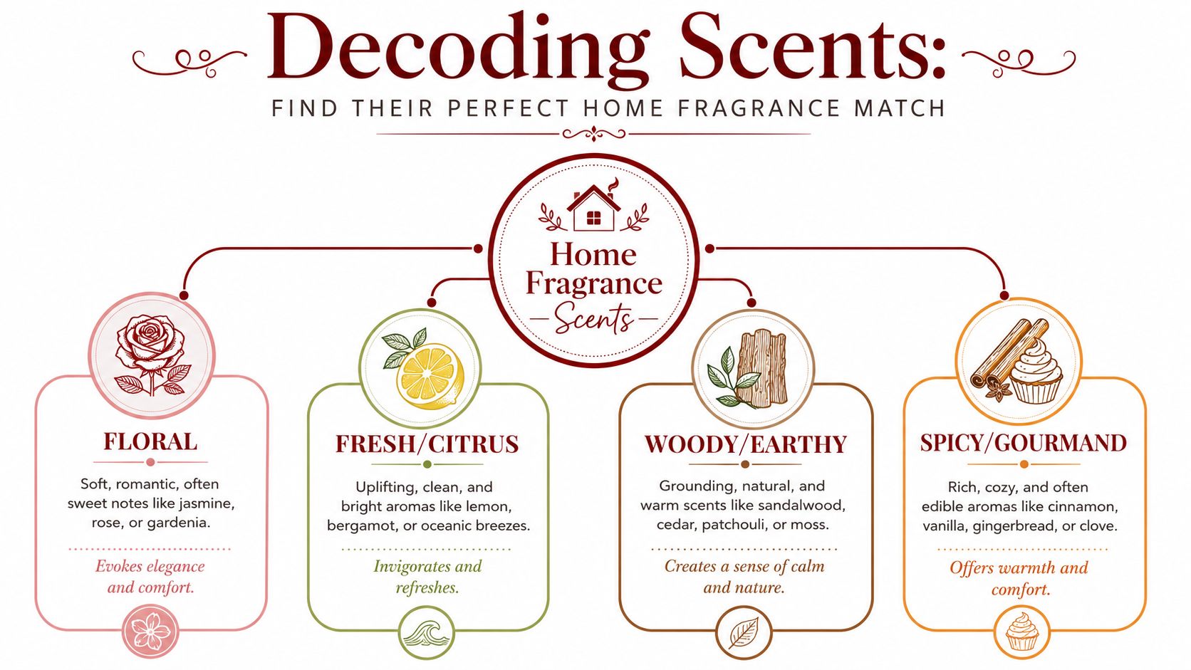 An infographic chart displaying four categories of home fragrances: floral, fresh, woody, and spicy gourmand scents.