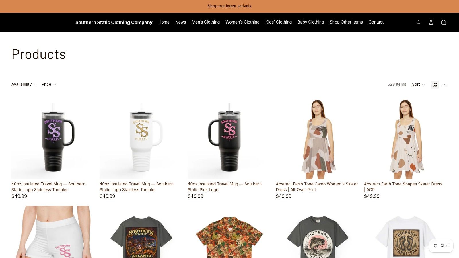 Screenshot from https://southernstaticclothingcompany.com/collections/all