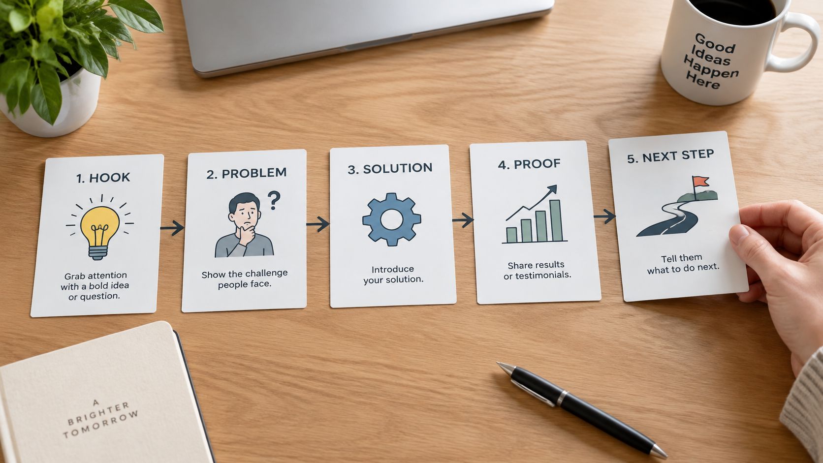 A conceptual guide showing a five-step framework for writing a video script on cards on a desk.