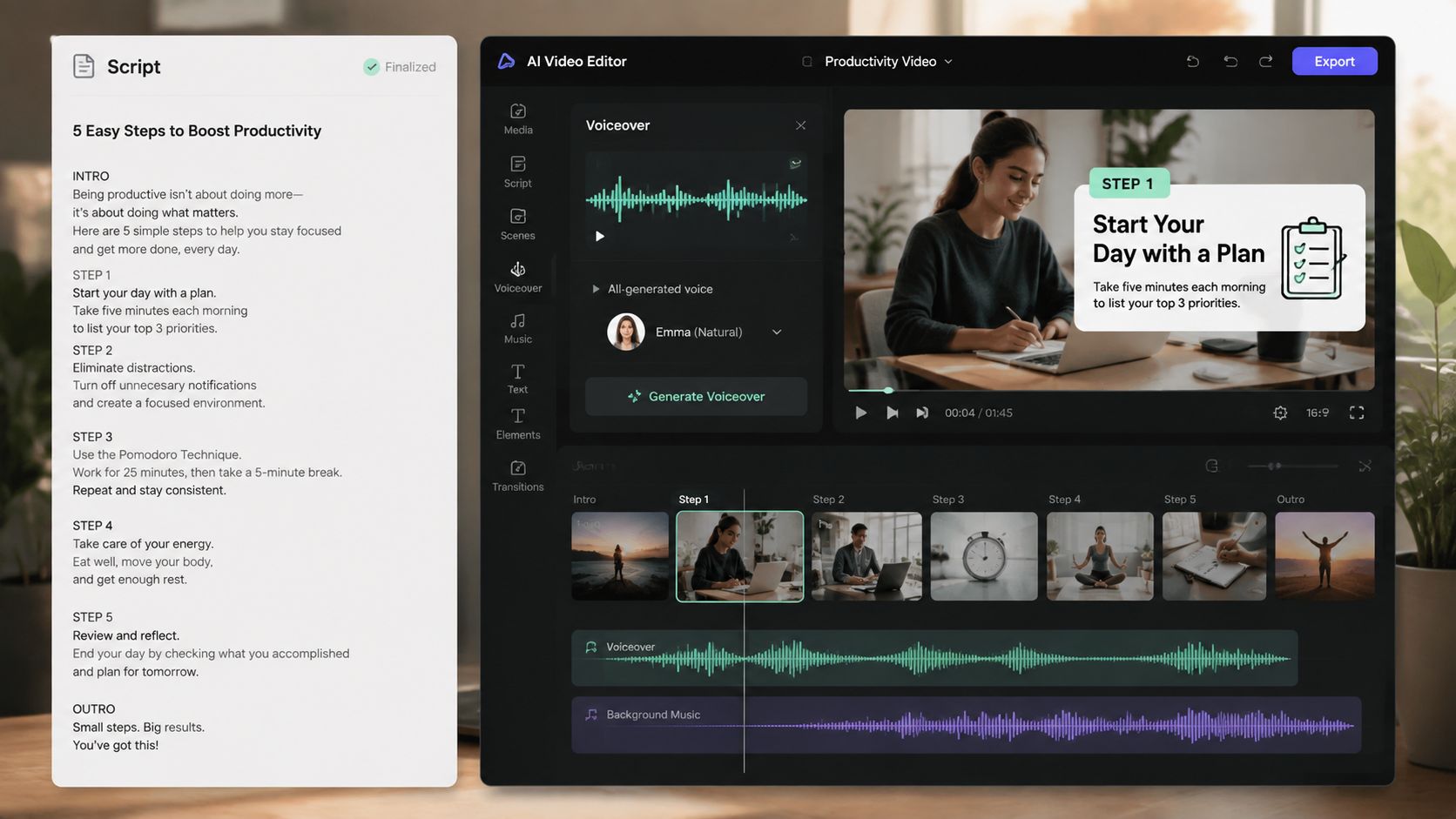 A modern AI video editor interface showcasing a script panel and a multi-track timeline for productivity videos.