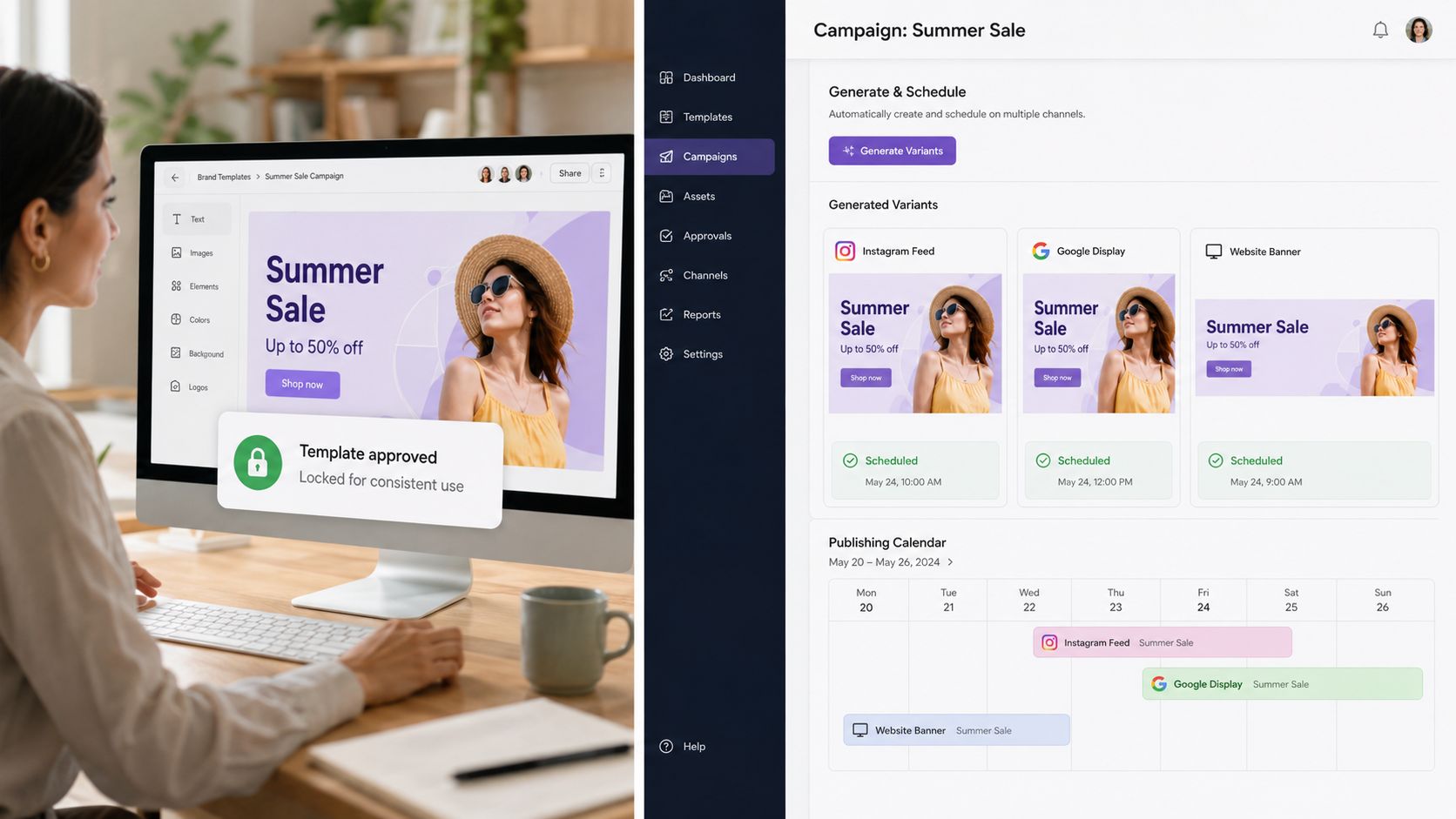 A professional designer working on a computer creating a marketing campaign using an AI ad generator platform.