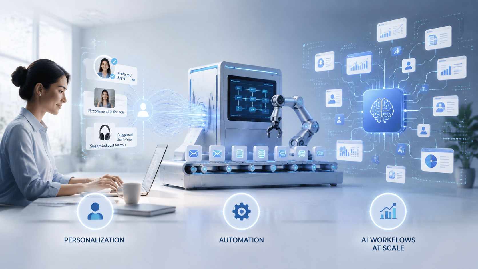 A professional woman uses a laptop while an automated AI system manages personalized data workflows and processes.