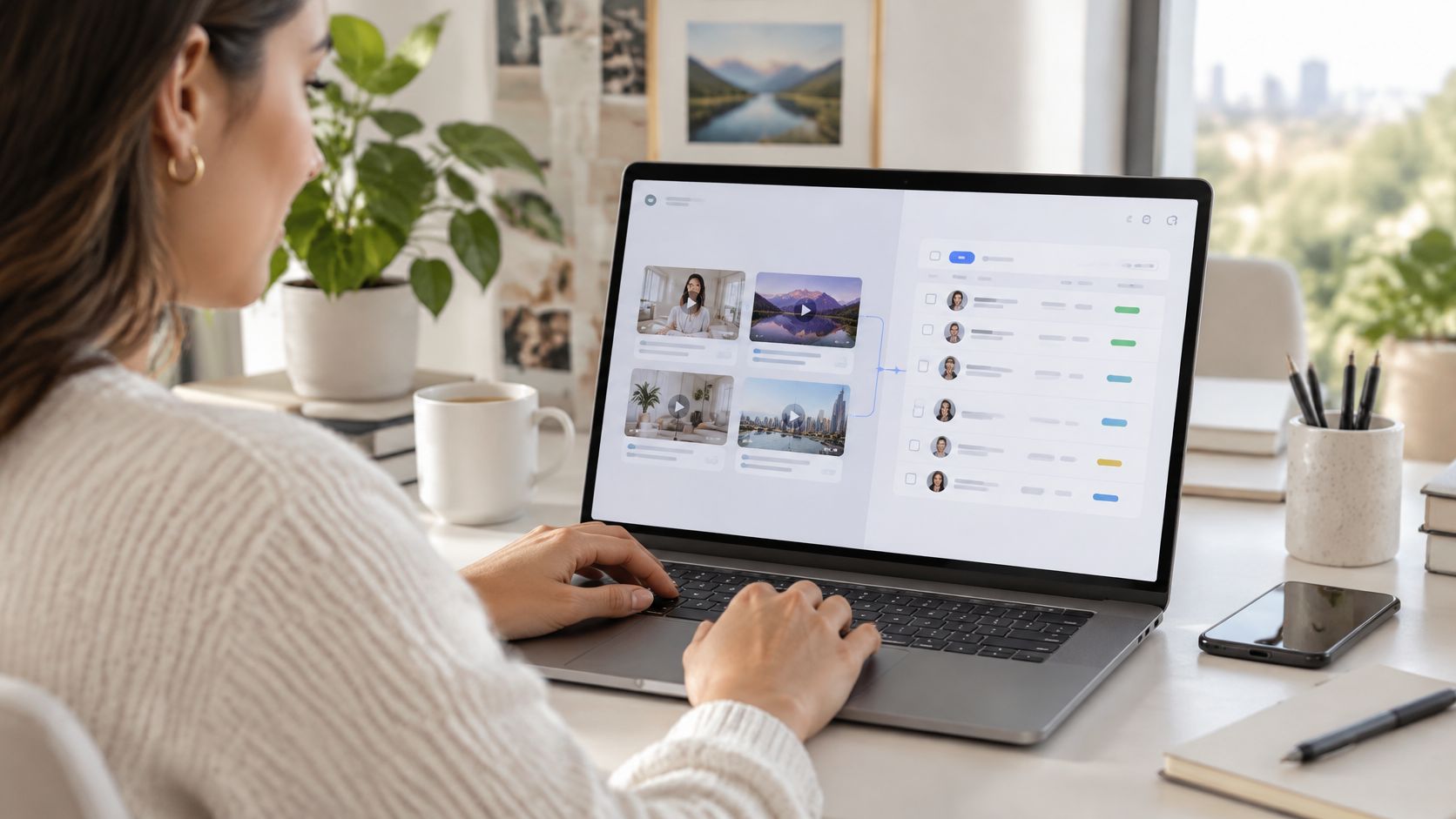 A woman working on a laptop at a desk, reviewing video content and managing project tasks efficiently.