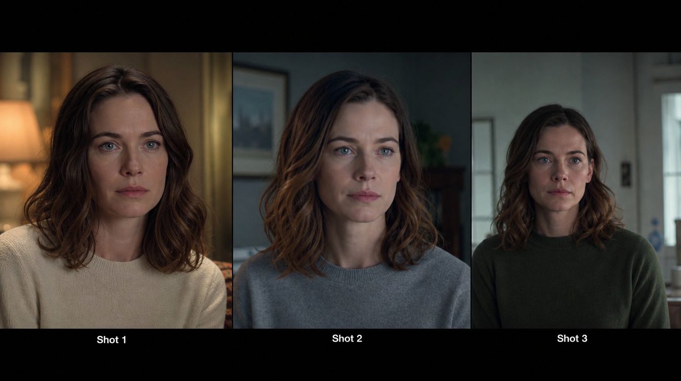 A triptych showing three different shots of the same woman wearing different colored sweaters in varied environments.