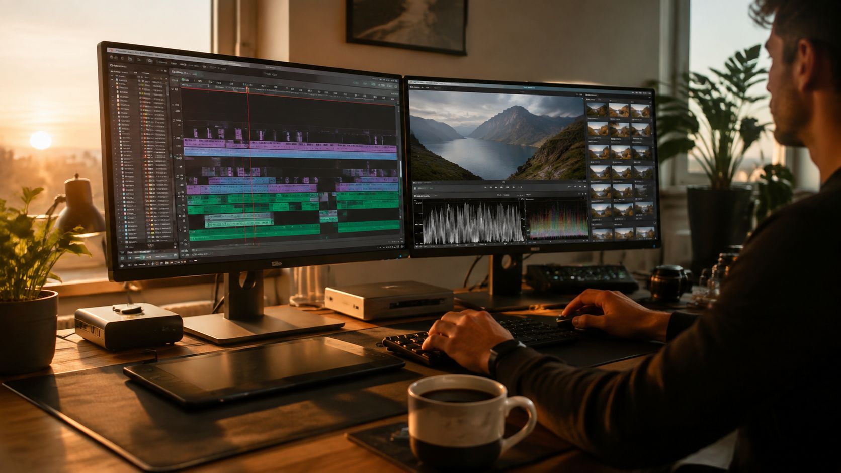 A professional video editor working on a dual monitor setup during a sunset in a home office.