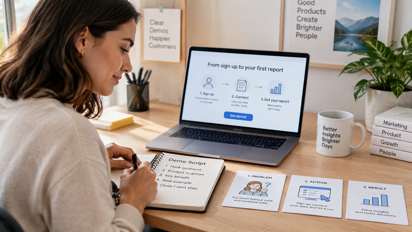 A woman writing a product demo script at her desk with a laptop and educational process cards.