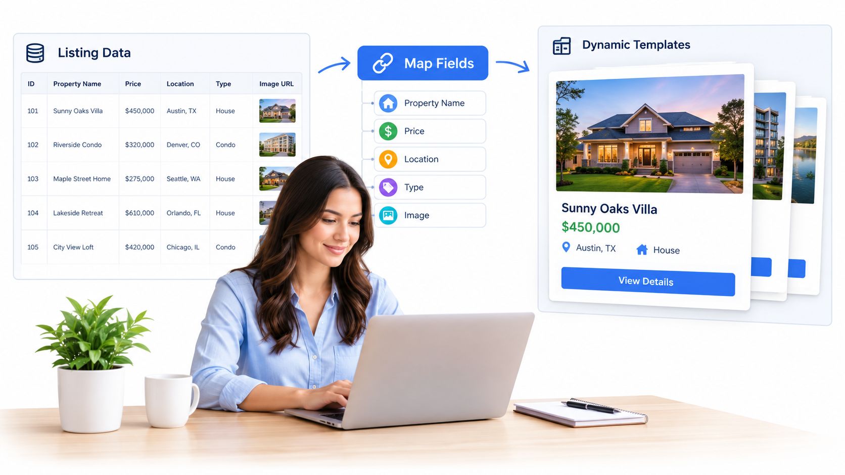 A professional woman using a laptop to create automated property listings using a digital dynamic template system.