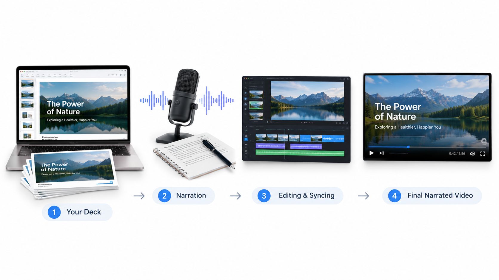 A four-step illustration showing the process of creating a narrated presentation from a slide deck.