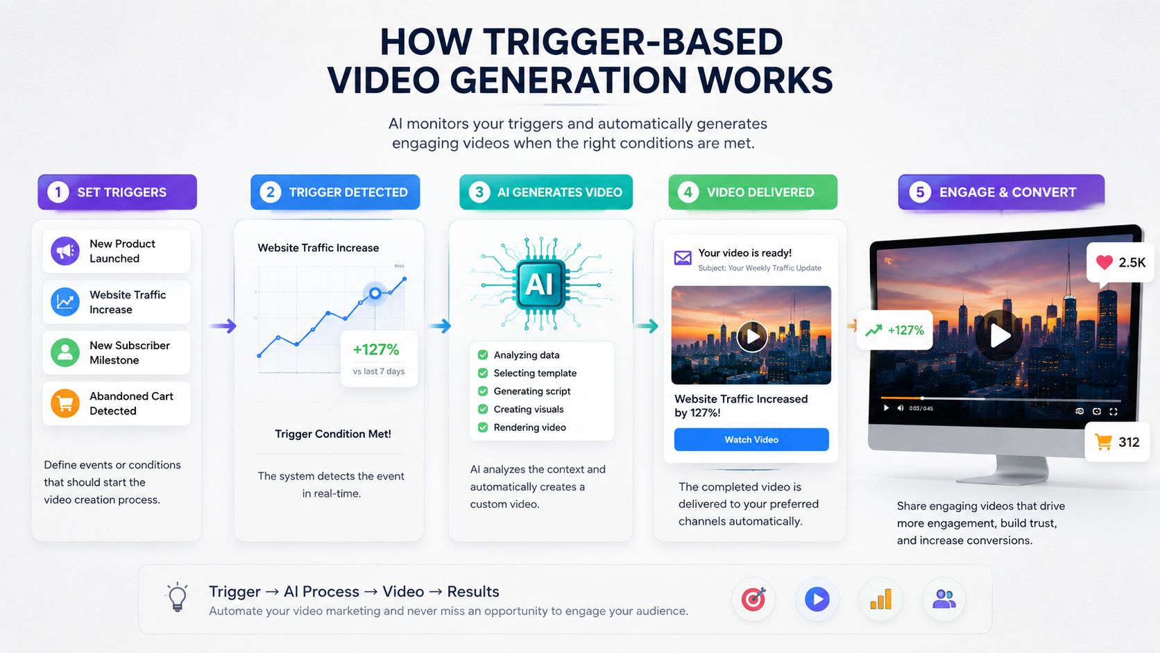 A five-step infographic showing how AI automation triggers the creation and delivery of personalized marketing videos.