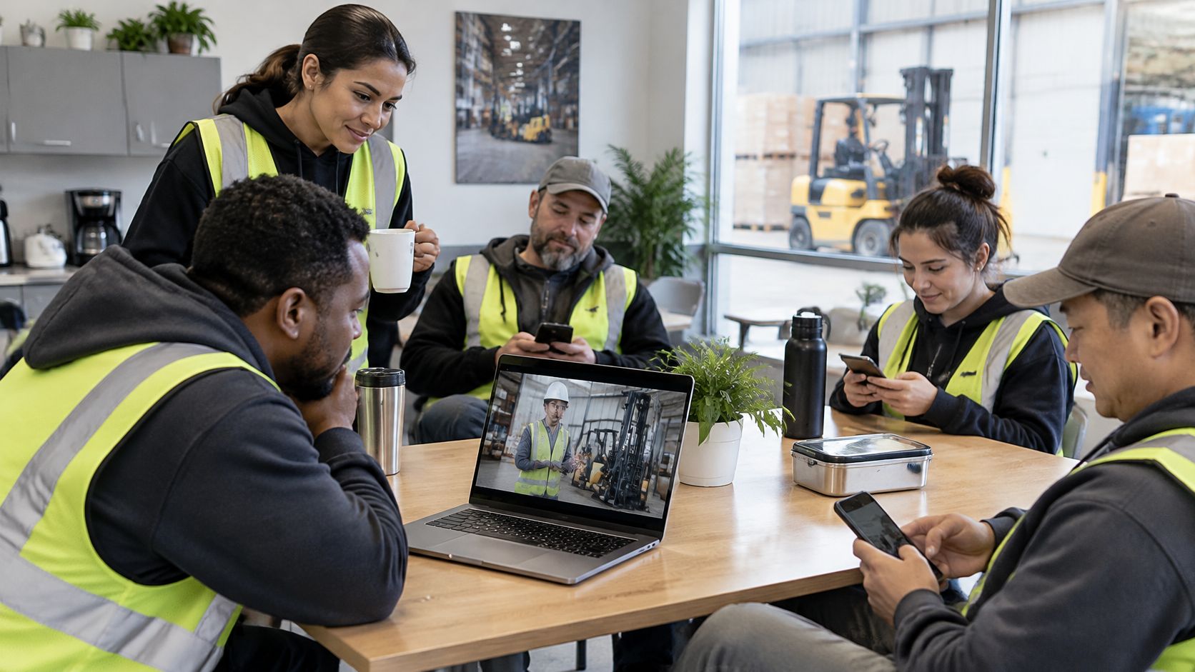 A diverse group of warehouse workers collaborating during a meeting while watching a training video on laptop.