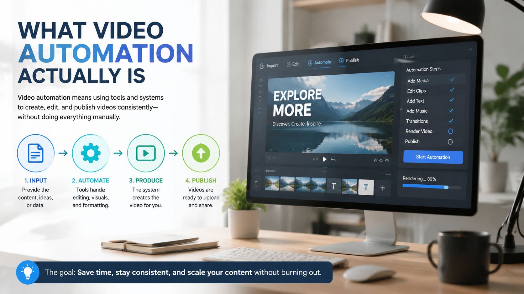 A digital screen displays a video automation workflow, illustrating how to automate video creation and editing processes.