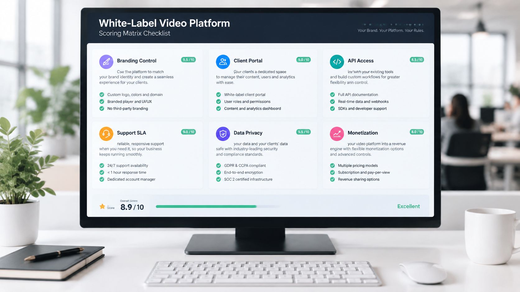 A computer screen displaying a comprehensive white label video platform scoring matrix checklist for agency business owners.