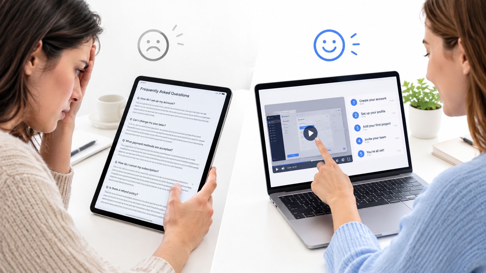 A split-screen comparison showing a frustrated woman reading FAQ text and a happy woman watching video tutorials.