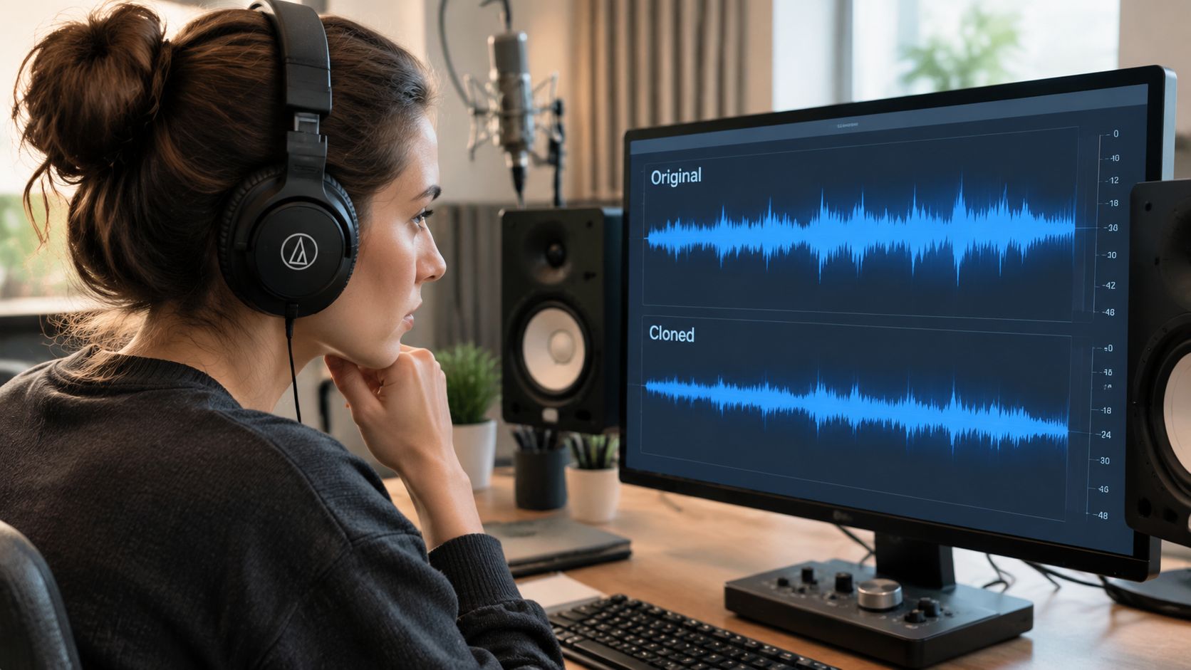 A woman wearing headphones working on AI voice cloning software displayed on a computer monitor in a studio.