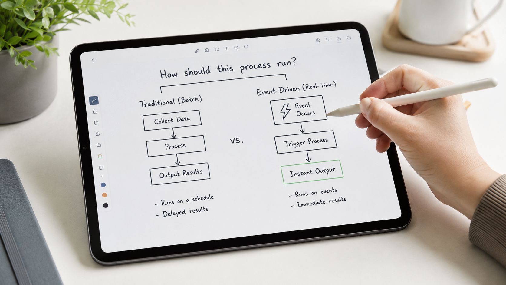 A digital tablet displaying a flowchart comparing traditional batch processing with real-time event-driven workflows.