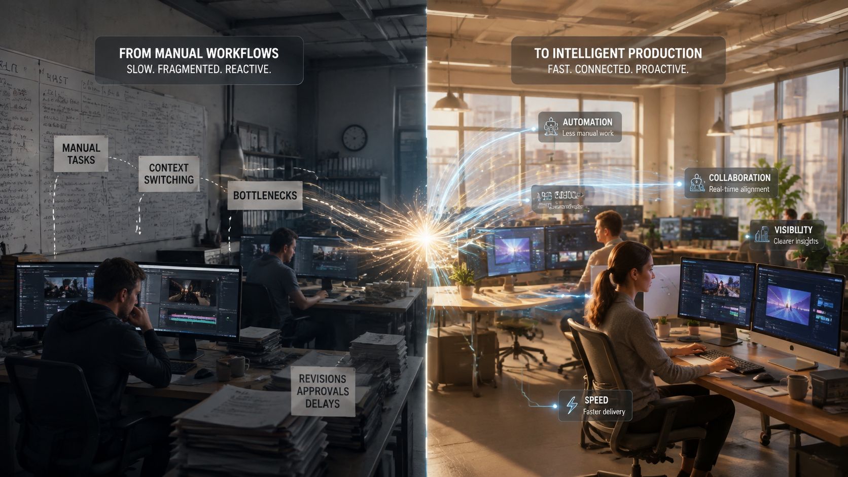 A split-screen comparison showing the transition from inefficient manual video production workflows to optimized, intelligent, automated workflows.