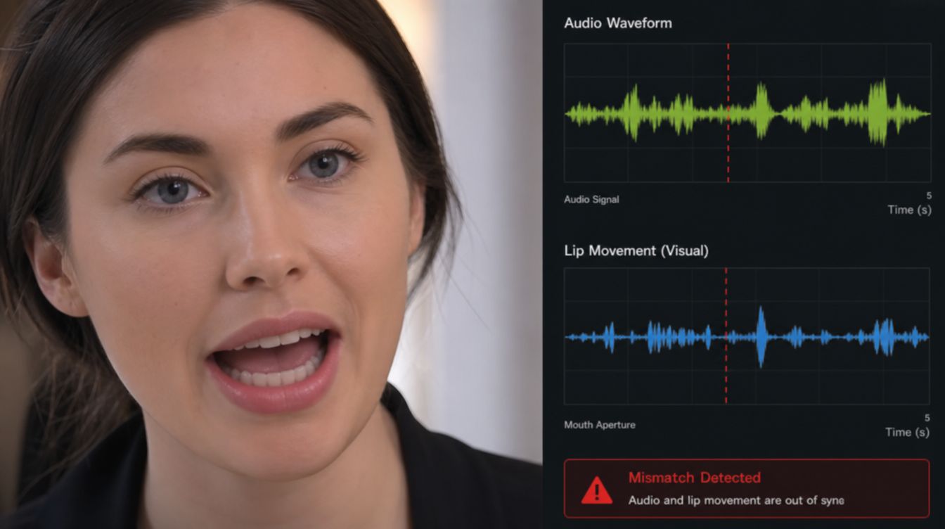 A split screen showing a person speaking next to digital audio and visual synchronization analysis charts.