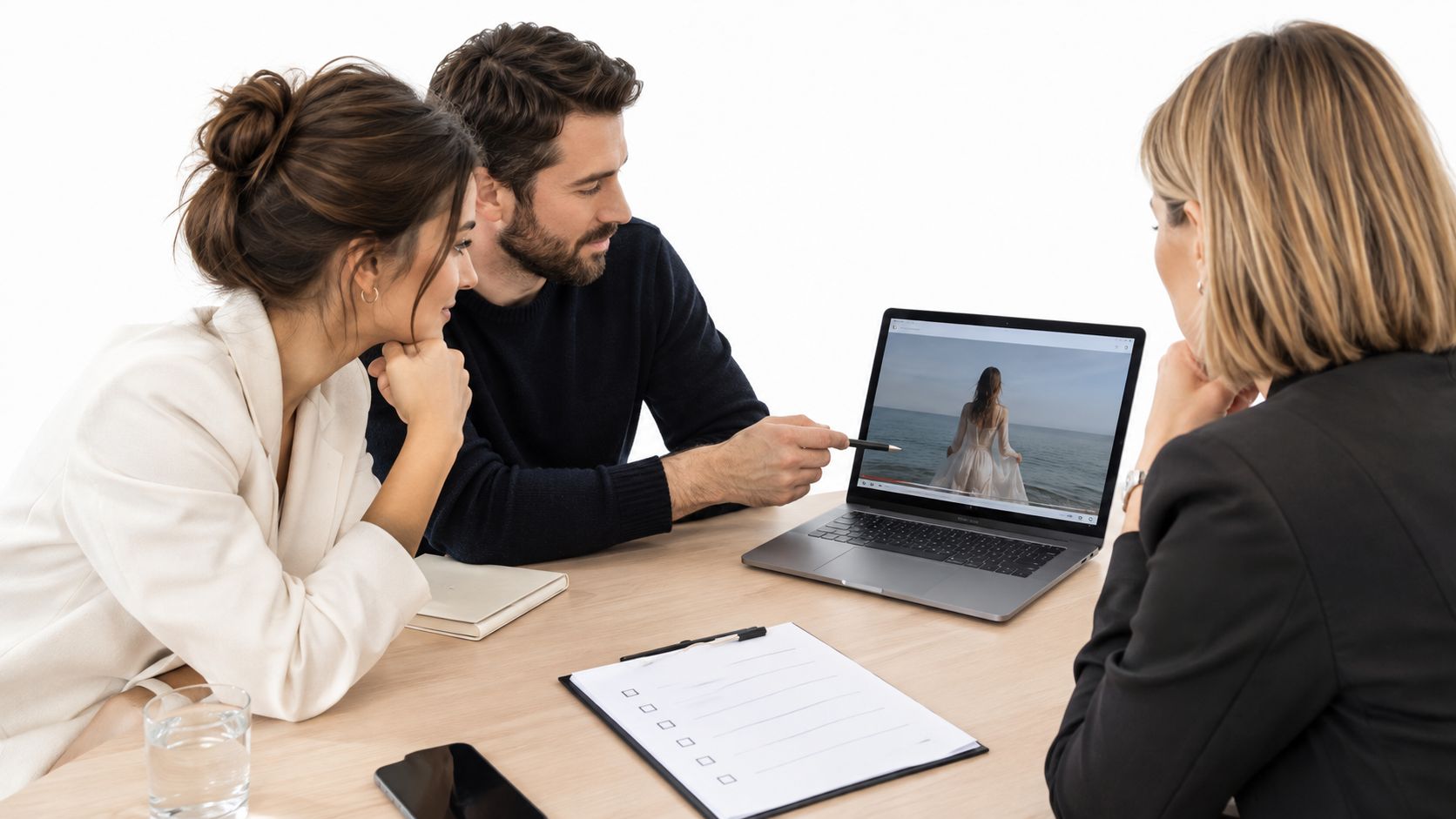 A diverse team discusses AI video creation project details while reviewing footage on a laptop screen.