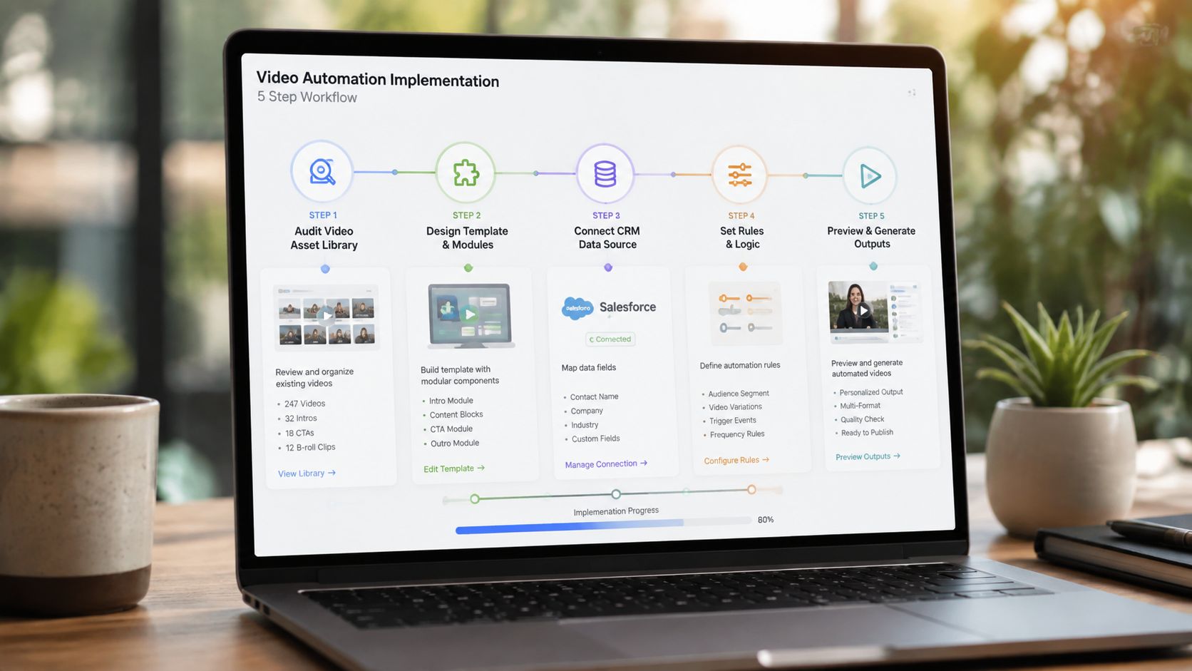 A laptop screen displaying a five-step workflow diagram for implementing a video automation strategy in a business.