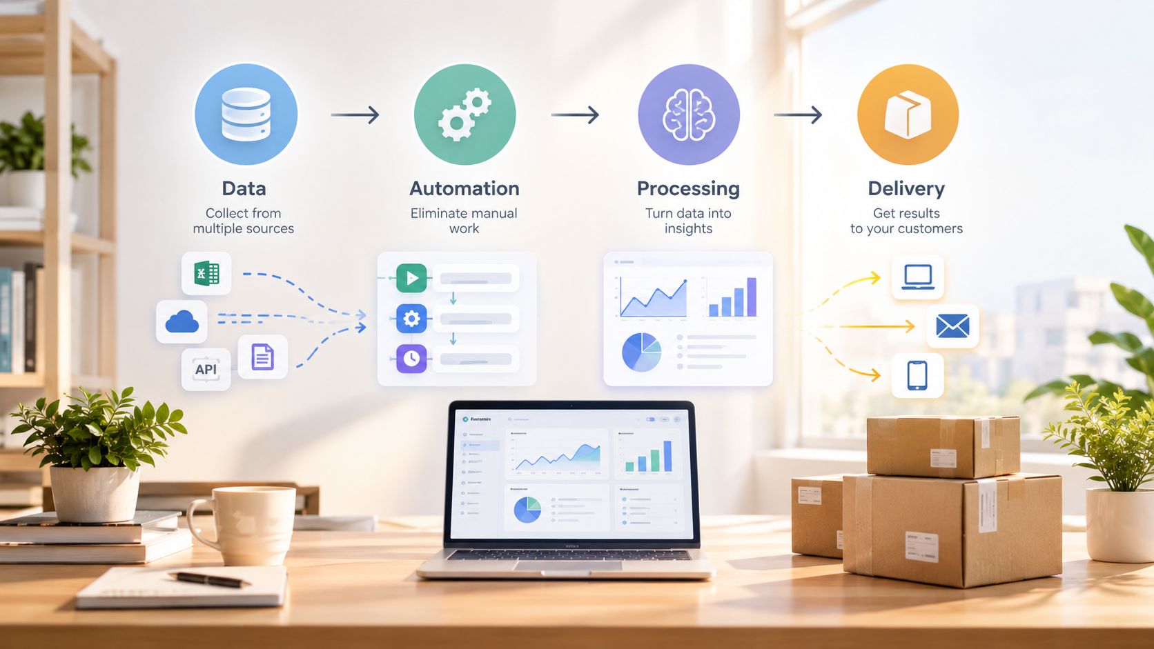 A diagram illustrating a four-step business workflow including data collection, automation, processing, and final result delivery.
