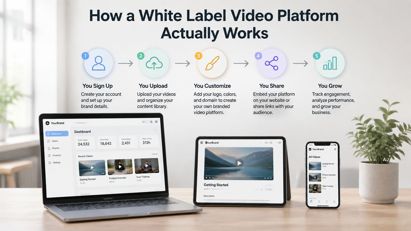 A five-step infographic showing how a white label video platform works displayed on various electronic devices.