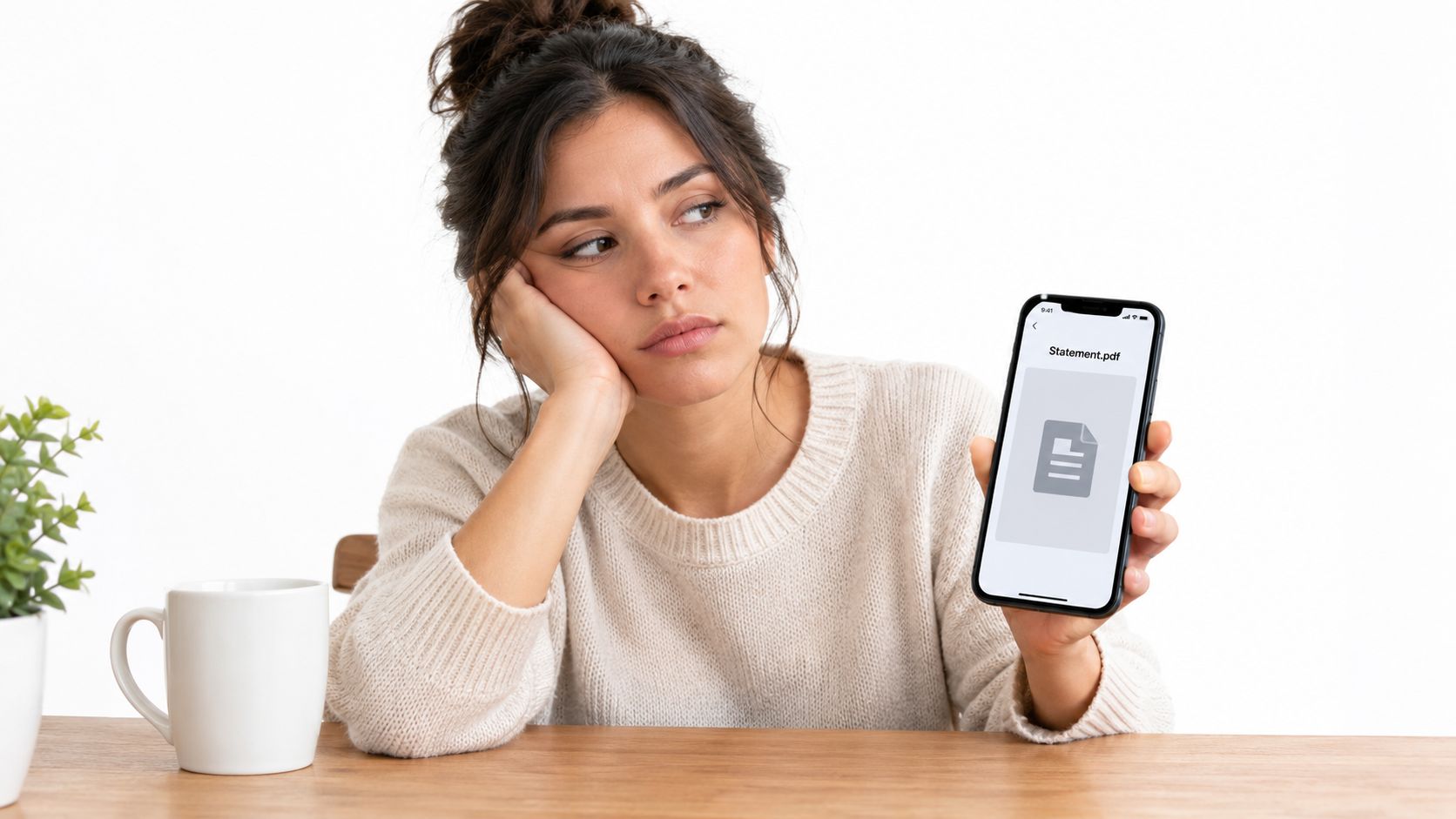 A bored young woman sitting at a desk with a coffee mug holding a phone displaying a PDF.
