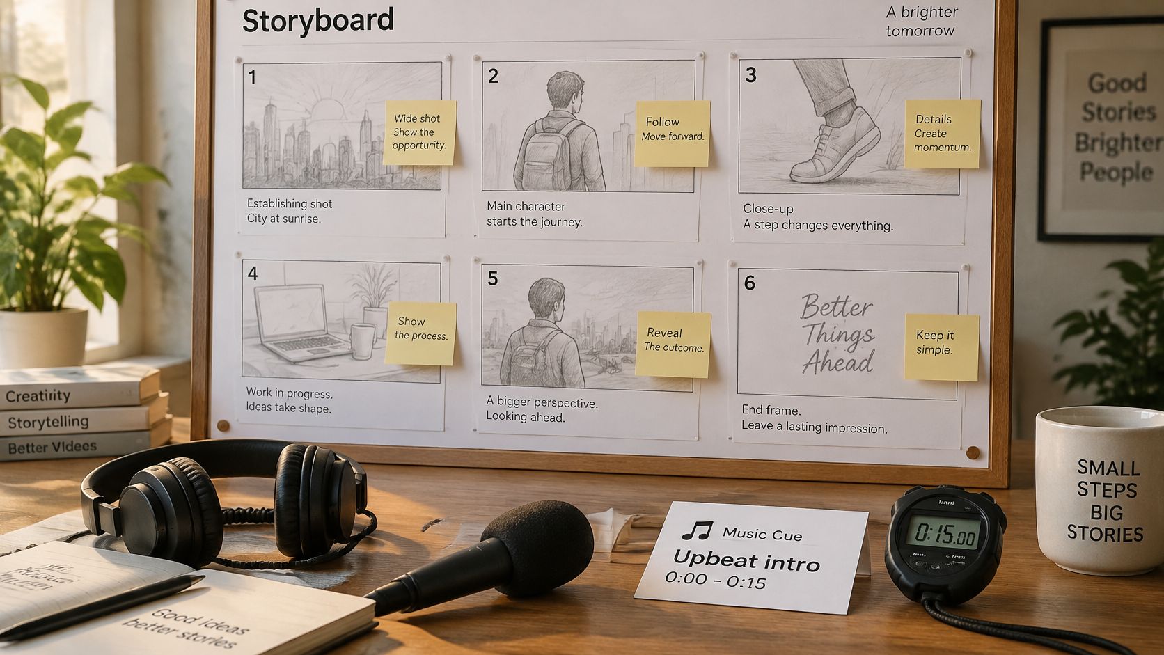 A storyboard on a board shows the creative process of making a video with sketches and sticky notes.