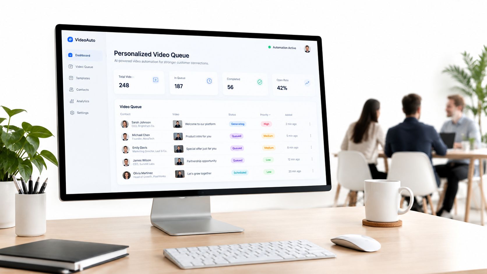 A modern computer monitor displaying a VideoAuto dashboard for managing personalized video marketing automation tasks.
