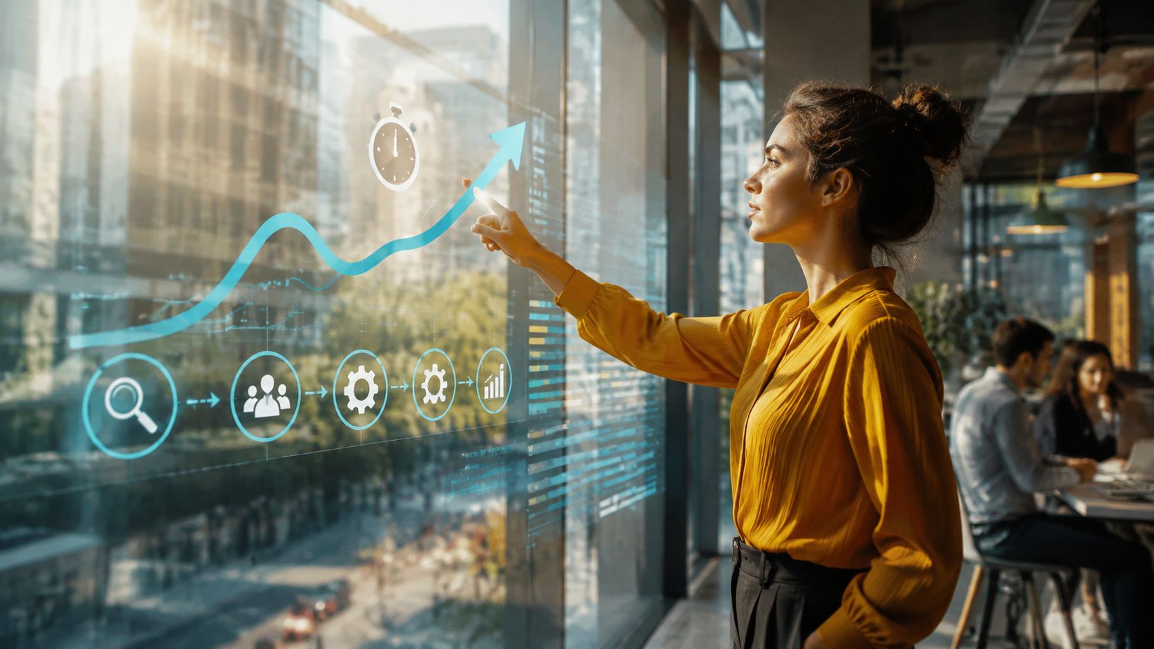 A professional woman interacting with a digital business growth chart displayed on a glass window in office.
