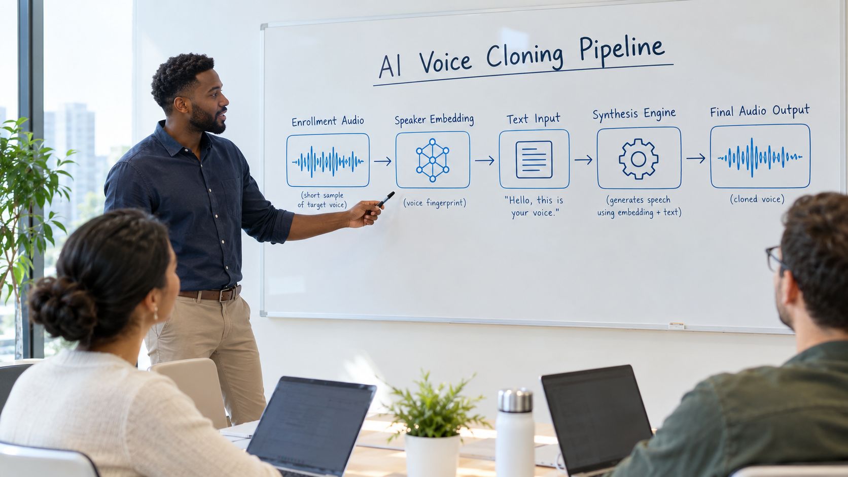 A professional man presenting the AI voice cloning pipeline process on a whiteboard to his team.