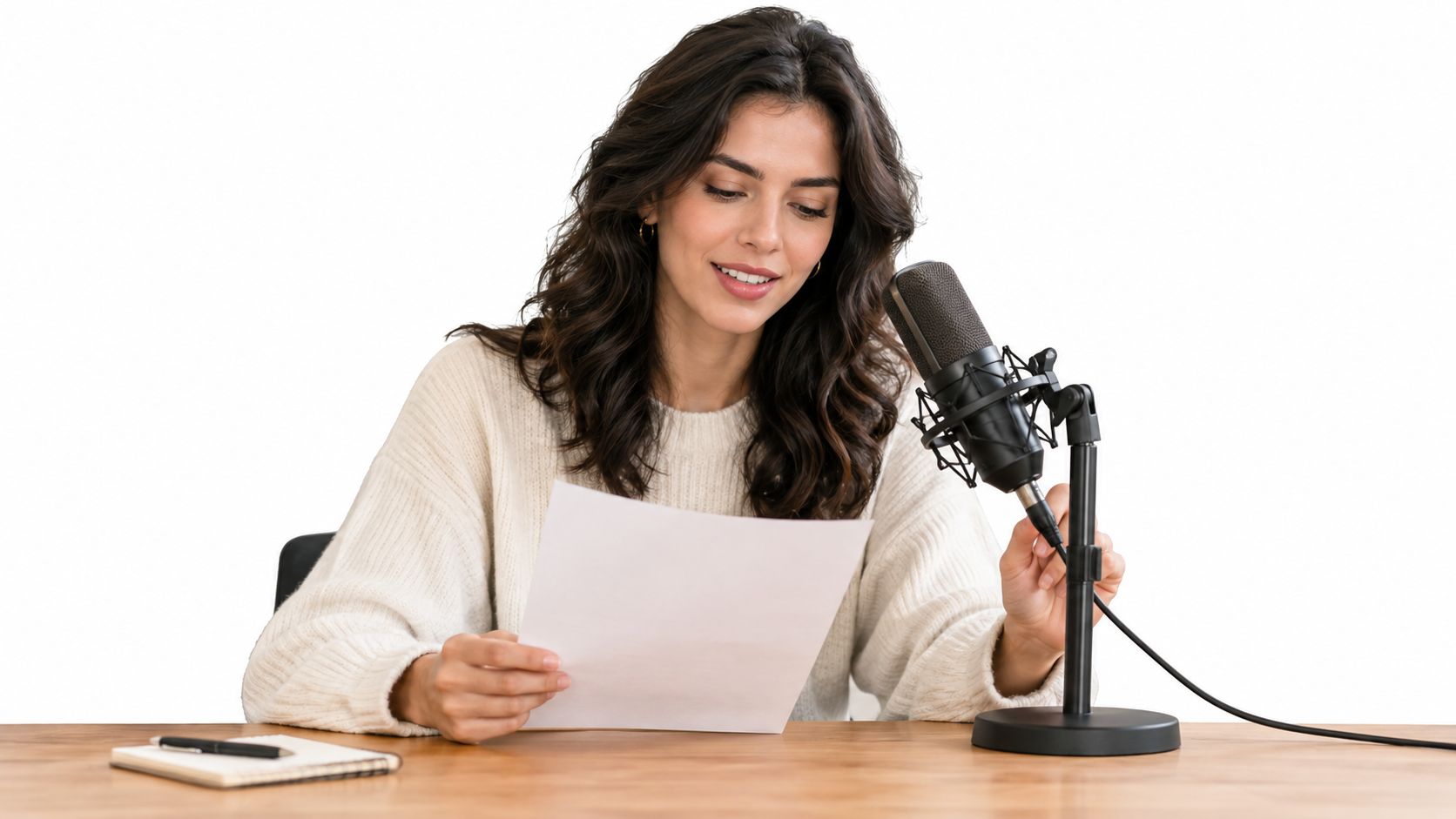 A young woman reading a script from a white paper into a professional microphone at a desk.