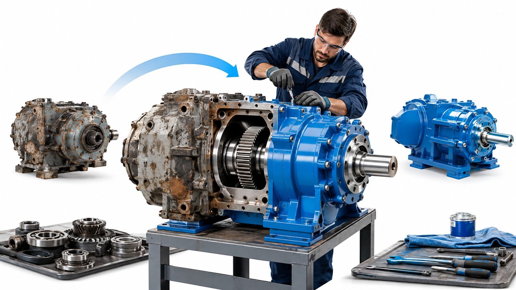 A technician performing maintenance on a large industrial gearbox assembly on a workbench in a workshop.