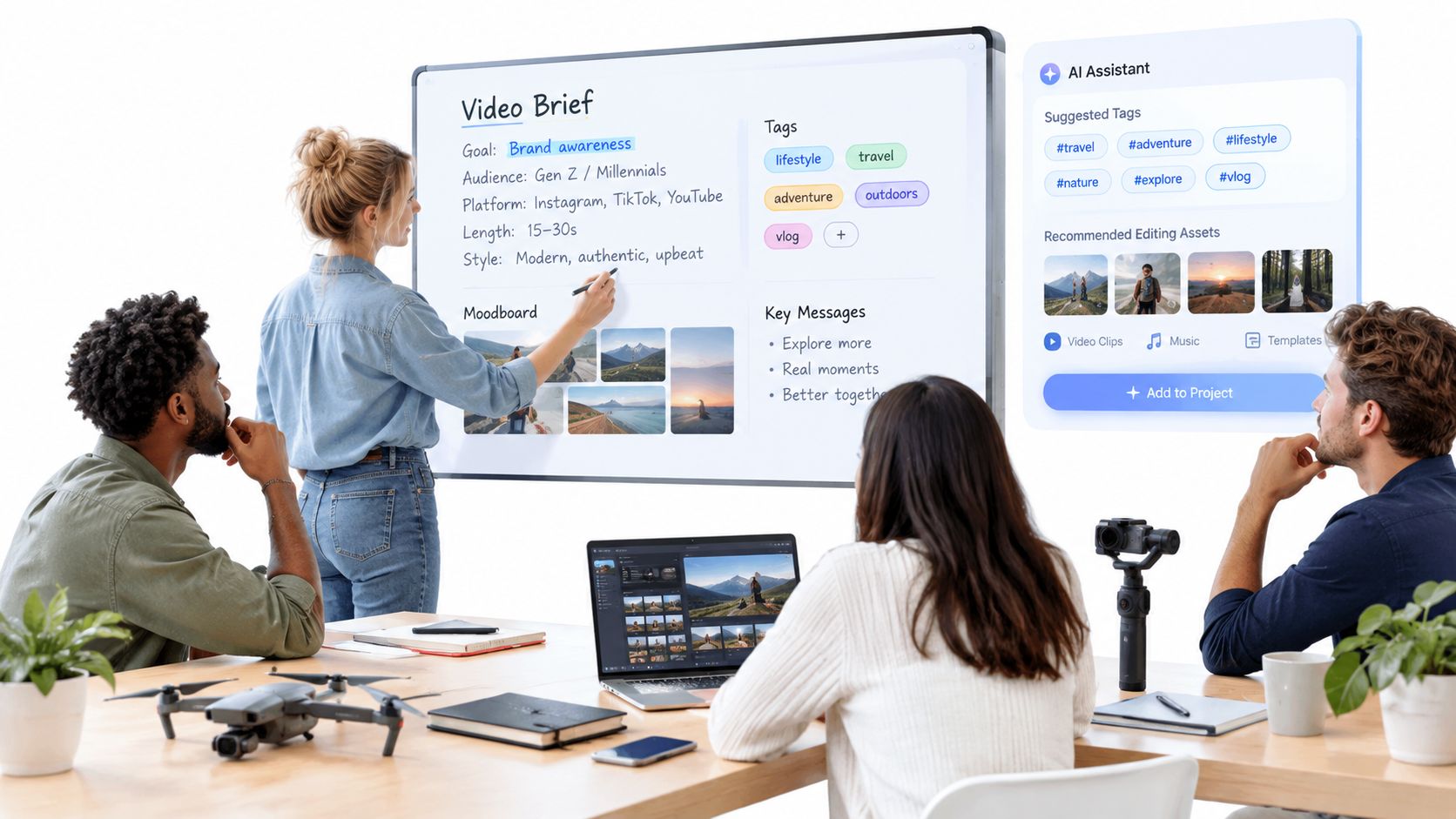 A professional team collaborates on a video production project using AI-powered digital whiteboard tools in an office.